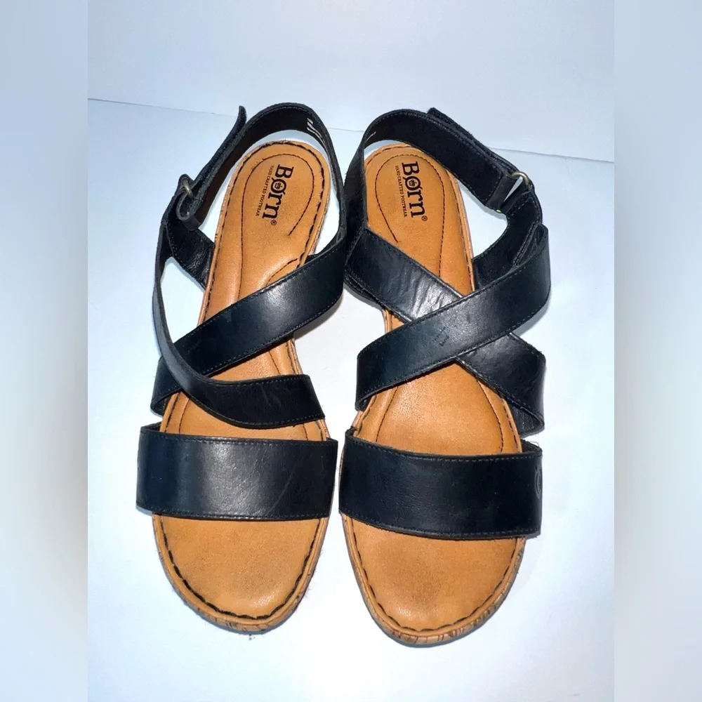 Born Women's‎ Leather Straps Cork Platform Sandal Wedge Black, Size 10